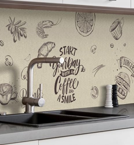 MyMaxxi Küchenrückwand Folie selbstklebend matt - einfache Montage ohne Bohren 0,4mm stark Versteift - Motiv Menü Leinwand Beige Schwarz 60cm hoch - Spritzschutz Küche Klebefolie 280 x 60cm