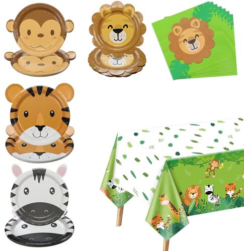 61 Pcs Safari Birthday Decorations - Safari Theme Party Supplies Include Animal Shaped Paper Plates, Jungle Tablecloth, Napkins, Jungle Party Decorations for Wild One Birthday, Baby Shower, Serves 20