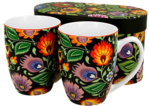 MamboCat Etnic 2er Set Becher konisch I 300 ml I für 2 Personen I Tasse aus Porzellan floralem Dekor & Geschenkverpackung I bunten Blumen-Motiv I Ideal für Tee, Kaffee, Latte Macchiato, Kakao & Co