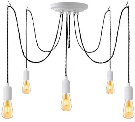 SHINY STAR 5 Lichter Weiße Industrie Pendelleuchte, Mehrere Spinnen Decken Pendellampen Kronleuchter mit Verstellbarem 3m Gedrehtem, Geflochtenem Kabel, E27 Lampenfassung 82302WH5