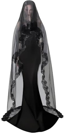 NICEYEA Voile d'Halloween noir en dentelle - Voile de veuve - Accessoire de cheveux - Long voile de mariée - Bijou de tête gothique - Costume de sorcière pour mariage, enterrement de vie de jeune