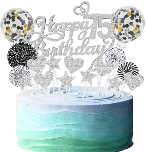 Tortendeko Geburstagstorte Happy Birthday Kuchendeko Silber Schwarz 75 Geburtstag Frauen Männer Kuchen Deko Glitter Cake Topper