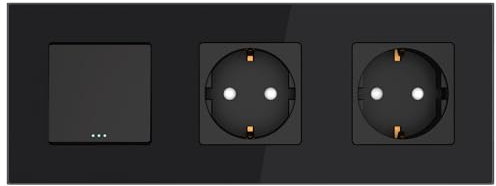 PULSAR Lichtschalter mit Doppel-Steckdose Unterputz Schwarz Glas, Kombination 3-Fach mit Glasrahmen, Schalter 1-Weg und Schuko-Steckdosen x2 16A, 228 x 86mm
