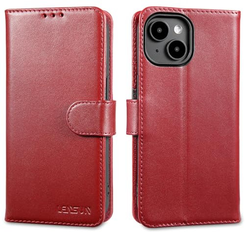 LENSUN Echtleder Hülle für iPhone 15, Handyhülle [Echtes Leder][Magnetverschluss][RFID Schutz] Handytasche Lederhülle Etui Kompatibel mit iPhone 15 5G - Weinrot