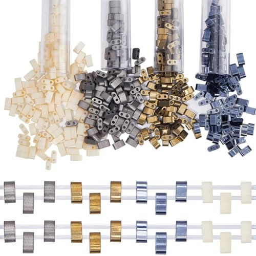 CREATCABIN 600 pièce Perles Demi-Tila 2 trous,4 couleurs Mélangées,Perles Rocaille Verre Rectangulaires,Mini Peinture Cuisson,Couleur Métallique Opaque pour D'Oreilles,Fabrication Bijoux