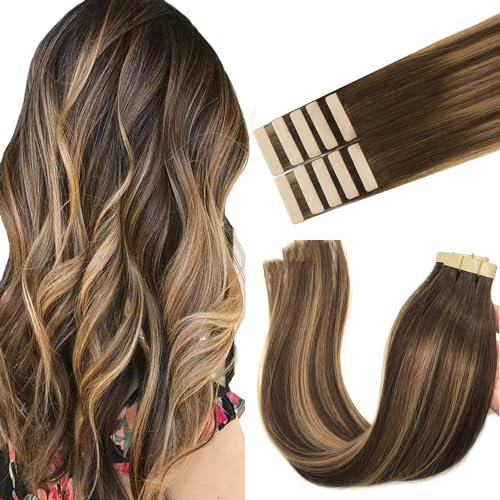 GOO GOO Tape in Extensions Echthaar, 40cm 25g 10pcs, Haarverlängerung Echthaar, 4/27/4 Braun Blond
