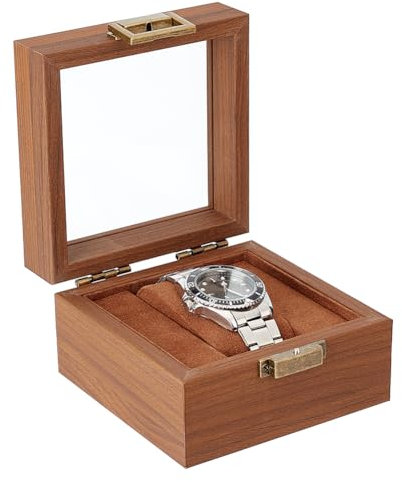 AHANDMAKER Single Watch Display Stand with Clear Glass Window Wood Watch Gift Box Watch Holder Jewelry Collection Jewelry Holder, Coconut Brown