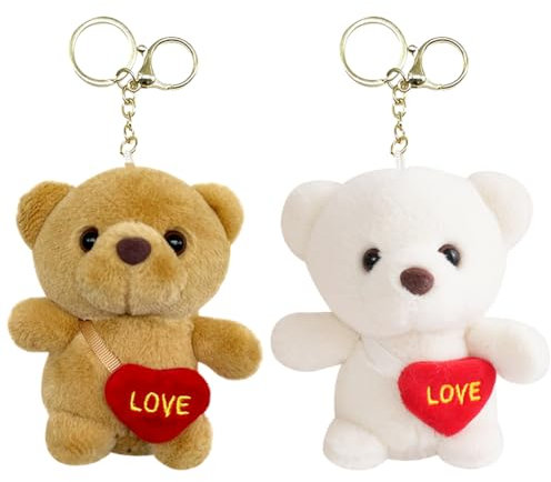 Ours Peluche Cartoon Porte-Clés,Cartoon Porte-Clés Accessoires Pendentif, Porte-clés Ours, Porte-clés Couple, Porte-Clefs Sac à Dos Décorations Cadeaux, Marron Blanc 2 Pièces
