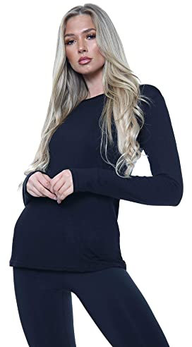 VEARZ® Womens Plain Long Sleeve T-Shirts – Ladies Stretchy Casual Basic Tops Summer Slim fit Round Neck Tee Tops Plus Size Navy, 16-18