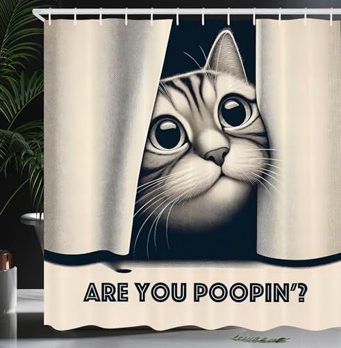 ABAKUHAUS Katze Duschvorhang, Machst Häufchen Neugieriges Kätzchen Retro Lustiges skurriles humorvolles, Stoffliches Gewebe Badezimmerdekorationsset mit Haken, 175 x 220 cm, Dunkelblau Elfenbein