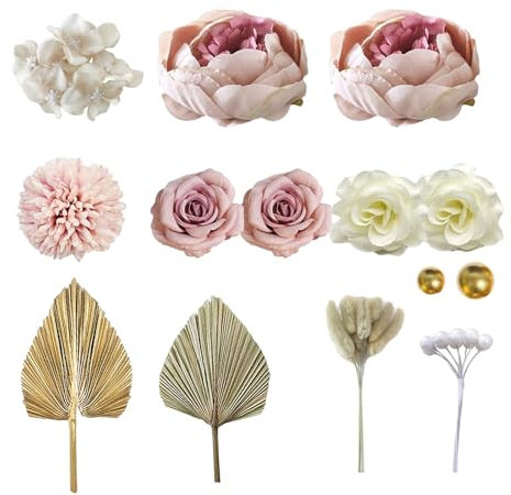 12 pcs Flower Cake Decorations, Flower Cake Toppers with Artificial Rose Flower Palm Leaves Fan for Birthday Wedding Engagement Anniversary Party Cake DIY Supplies