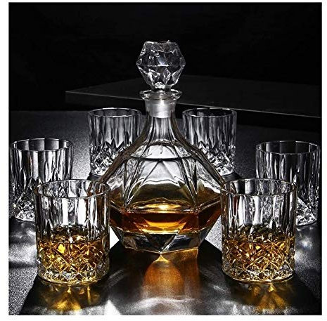 Flaschenregal, Weinregal, Weinglashalter, 7-teiliges Whiskey-Dekanter-Set, 100 % bleifreies Glas, Whisky- und Spirituosen-Dekanter, 800 ml, Tumbler-Trinkgläser für Zuhause, Restaurants und Partys, i