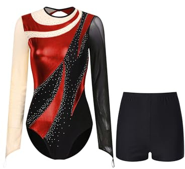 Yeahdor Damen Turnanzug Langarm Tanzbody mit Strass + Kurze Hose Gymnastikanzug Ballett Trikot Set Trainingsanzug Akrobatik Eiskunstlaufen