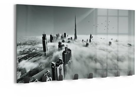 DEQORI Wandgarderobe Glas & Metall | Motiv Himmel über Dubai | 60x30 cm | Design Haken-Leiste modern | Garderoben-Paneel für Flur, Wohnzimmer & Schlafzimmer | magnetisch & beschreibbar