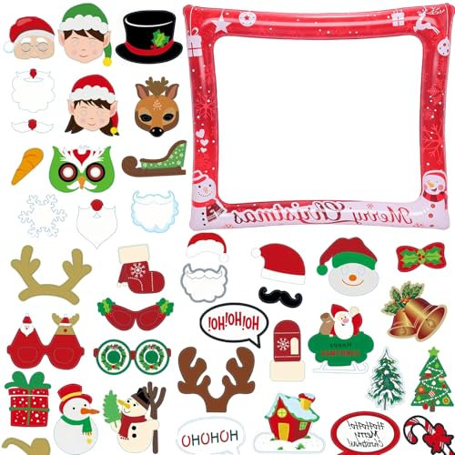 Aufblasbare Weihnachts-Fotoautomaten-Requisiten, groß, rot, mit 32 Weihnachts-Foto-Requisiten, Weihnachtsfeier, Foto-Requisiten, Rahmen für Kinder und Erwachsene, Weihnachtsfeier, Spielzubehör