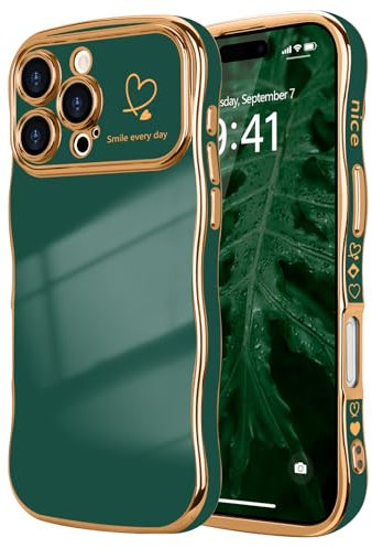 LCHULLE for iPhone 16 Pro Case for Women Girls,Cute Curly Wave Frame Shape Love Heart Pattern Phone Case,Raised Camera Protection Plating Shockproof Cover for iPhone 16 Pro 6.3,Dark Green