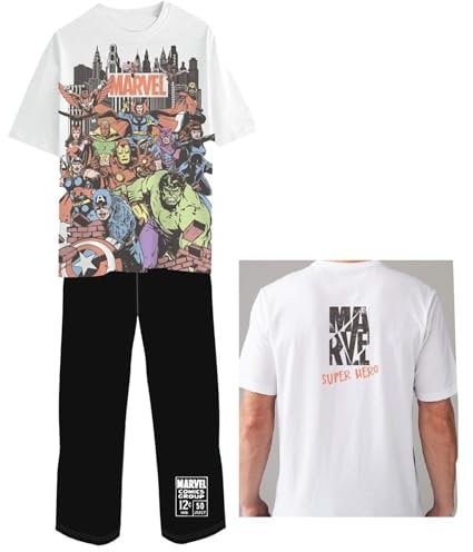 Marvel Avengers Mens Pajama Set – Classic Comic Heroes Sleepwear, Soft Cotton Top & Bottoms - Size L