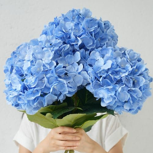 IPLNTS 3 Stück extra große realistische blaue Hortensien, künstliche Hortensien, künstliche Hortensien, Seidenblumen mit Stielen für den Außenbereich, Hochzeit, Party, Büro, Familie, Wohnzimmer,