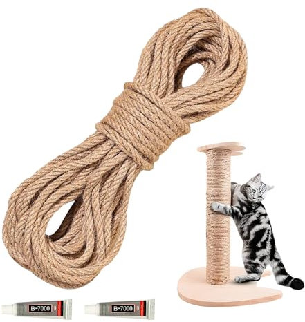 20m Natur Sisal Seil, 6mm Sisal Kratzbaum Schnur mit 2 Kleber, Sisalseil Kratzbaum Seil, Natur Sisalband für Kratzbaum Ersatz, Katzenzubehör, Basteln, Dekorieren von Häusern