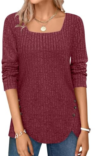 Womens Autumn Clothes Long Sleeve Plus Size Clothing Knitwear Oversized Jumpers Tops Button Front Winter Jumpers for Women UK Square Neck Lightweight Top Wine Red