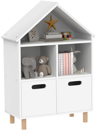 AIYAPLAY Kinderbücherregal, Kinderregal, 3 Ebenen mit zwei Schubladen, Hausform, für Kinderzimmer, Schlafzimmer, 63,7 x 29,7 x 89,5 cm, weiß