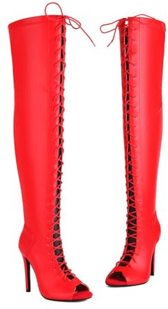 FHVCMTG High Heels Damen Boots Peep Toe Overknee Stiefel Stiletto Schnürsandalen Fischmaul Tanzschuhe Jazzschuhe Pole Dance Schuhe,Red7CM,38