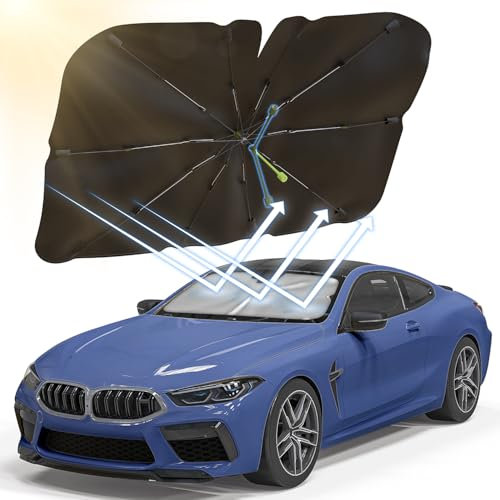 Arespark Parasol Coche Delantero, Parasol Coche Paraguas con Eje Giratorio, 140 * 75cm Parasol Coche Paraguas Plegable con Anti UV Rayos, para Mayoría de Coches, SUV, Camiones