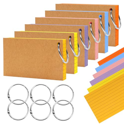 Newthinking Revision Flash Cards 5x3 inches, 600 PCS Coloured Ruled Index Cards with 6 Metal Binder Rings for School Office Home Study Revision Supplies