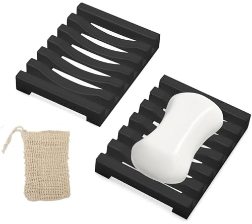 2 Pack Silicone Soap Dish with Linen Knot Bag Self-Draining Design for Kitchen, Bathroom (11x8x2 cm)