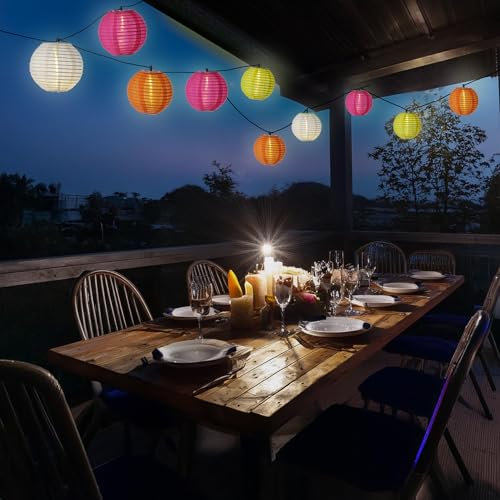 LED Solar Lichterkette Lampion für Außen Garten Balkon Terrasse Lampionkette mit 10 bunten Lampions 4,5m 8 Modi Outdoor Lichterkette Girlande Solarbeleuchtung (bunt (gelb, orange, pink, weiß))
