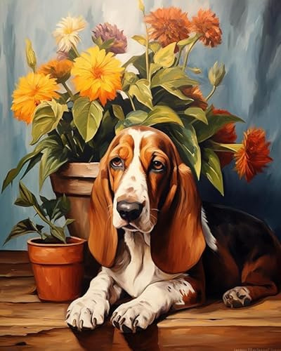 ZLYHAL Paint by Number Kits Basset Hound Dog Lies Next to Flower Pot Oil Painting Arts Kits Gift for Wall Decoration,40x50cm,Without Frame