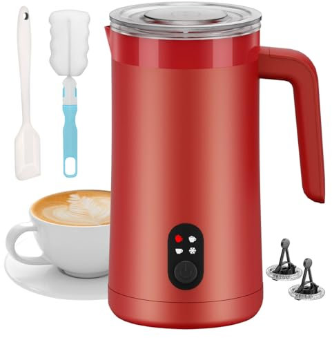 Ovetedot Montalatte Elettrico, 4-in-1 Montalatte Elettrico Cappuccino, 400ml Grande Capacità, Scaldalatte per Latte Caldo e Freddo, Schiumatore per Cappuccino, Latte, Macchiato(Rosso)