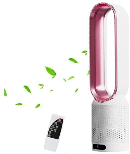 MGHRUEWH Ventilatore A Torre Senza Pale Purificatore d'Aria 2 in 1, Ventilatore da Pavimento Oscillante A 90° con Telecomando, 8 velocità, Timer da 120 Minuti, Touch Screen A LED,Rosa