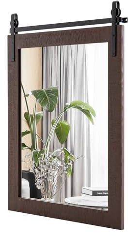 FANTASK Wandspiegel Holz, 76,5 x 56 cm, Rechteckiger Spiegel mit Metallhalterung, Unbrechbarer Hängespiegel für Flur, Wohnzimmer, Schlafzimmer (Dunkelbraun)