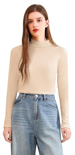 POWER FLOWER Women's Fleece-Lined Thermal Top, Long Sleeve Base Layer Shirt (LY146-Khaki, S-M)