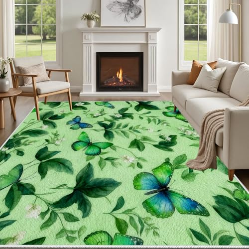 Yidbhsse Tier Botanisch Teppich 160x230 Kurzflor, Teppich Wohnzimmer Schmetterling, Antirutschmatte Waschbare Teppiche Blatt Pflanzen, Bettvorleger Schlafzimmer Kinderzimmer