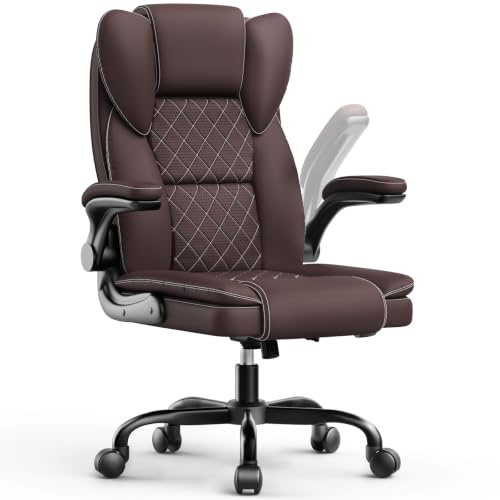 naspaluro Heavy Duty Office Chair with Adjustable Lumbar Support, Ergonomic High Back Desk chair with Flip-up Armrests, Tilt Function for Home Office & Gaming, PU Leather, Brown