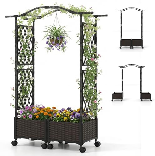 COSTWAY Garden Planter with Trellis & Roof, Self-Watering Raised Garden bed on Lockable Wheels, Weatherproof Rattan Outdoor Grow Box Flower Pot for Climbing Plants Herb (Curved Roof, 147cm Height)