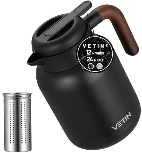 VETIN Thermoskanne mit Teesieb 1,5L aus 316 Edelstahl, Kaffeekanne Thermo | Auslaufsicher, 24 h Heiß & 48 h Kalt, für Tee, Kaffee und Kalte Getränke (Kunststoffgriff)