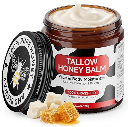 Beef Tallow Skin Care, 100% Organic Grass-Fed Tallow and Honey Balm, Natural Wild Honey & Beeswax Moisturizer, Whipped Tallow Face Cream, Deep Hydration & Soothing for Face & Body, 120g