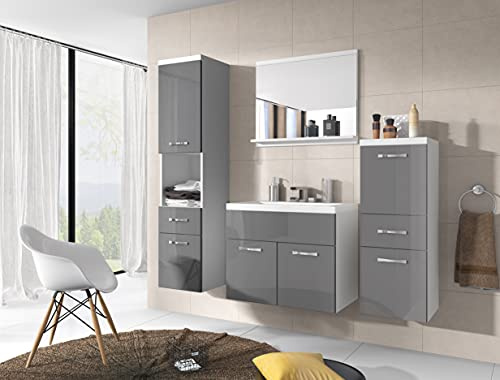 Slavia Maison Ensemble de Meubles de Salle de Bain Alba, Meuble Salle de Bain avec Vasque et Miroir, Salle de Bain Complete Suspendue, Armoires et Tiroirs, Corps Blanc et Façades Gris Brillant