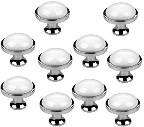 SO-TECH® 10er SET Schrankgriffe Kommodengriffe ANSGAR Ø: 34 mm weiß mit Metallfuß in Chrom poliert
