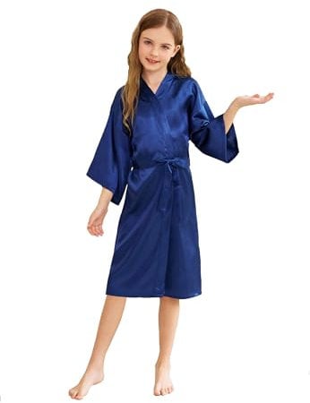 CuteOn Kids Girls Satin Silk Kimono Robe Dressing Gown Bathrobe Nightwear for Spa Wedding Birthday Party Dress Dark Blue Size 7-9Years - (Height 115-130cm)