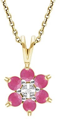 Ivy Gems 9ct Yellow Gold Ruby and Diamond Flower Pendant on 46cm Rope Chain