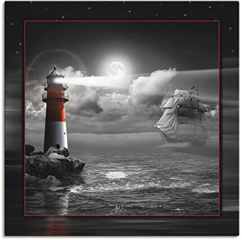 ARTLAND Wanddeko Leinwand Bilder Wandbild 50 x 50 cm Maritim Meer Küste Strand Leuchtturm Segelschiff Mond Wolken bei Nacht T6GH