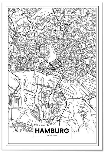 Panorama Leinwand Karte von Hamburg 50x70 cm - Gedruckt auf qualitativ hochwertigem Leinwand - Wandbild Wohnzimmer - Leinwand Bilder Schlafzimmer - Dekoration für das Zuhause - Vintage Stadt