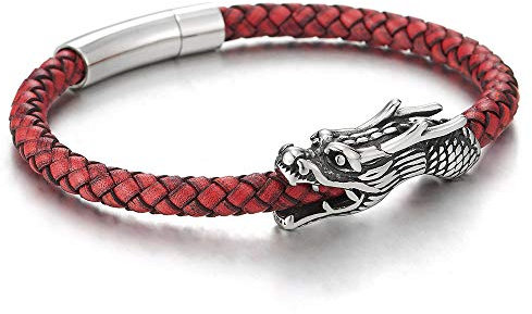 COOLSTEELANDBEYOND Vintage Acier Inoxydable Dragon Tête Bracelet - Bracelet en Rouge Cuir Tressé - Homme Garçons