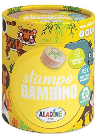 Aladine 3003132 Stempelset für Kinder, Safari, 8 Holzstempel mit Stempelkissen, Holz, Stampo Bambino Savane, Animaux de la Savane