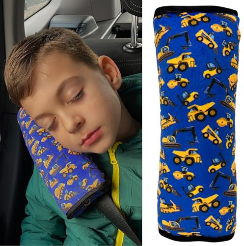 HECKBO Auto Schlafkissen für Kinder Mädchen Jungen - Baufahrzeuge - maschinenwaschbar – kuschelweich - Auto Gurtkissen, Gurtschoner, Gurtschutz Sitzerhöhung, Auto Kissen, Reisekissen, Urlaub