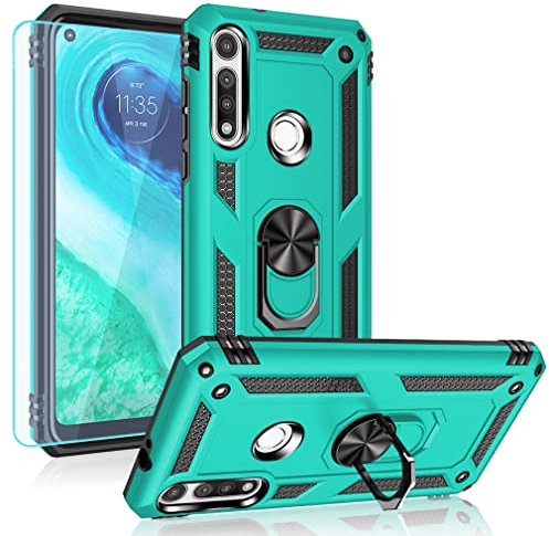 YZOK Schutzhülle für Motorola Moto G Fast (Blaugrün) mit HD-Displayschutzfolie, mit Ring, Auto-Halterung, Ständer aus hartem Polycarbonat, weiches TPU, stoßfeste Schutzhülle für Motorola Moto G Fast